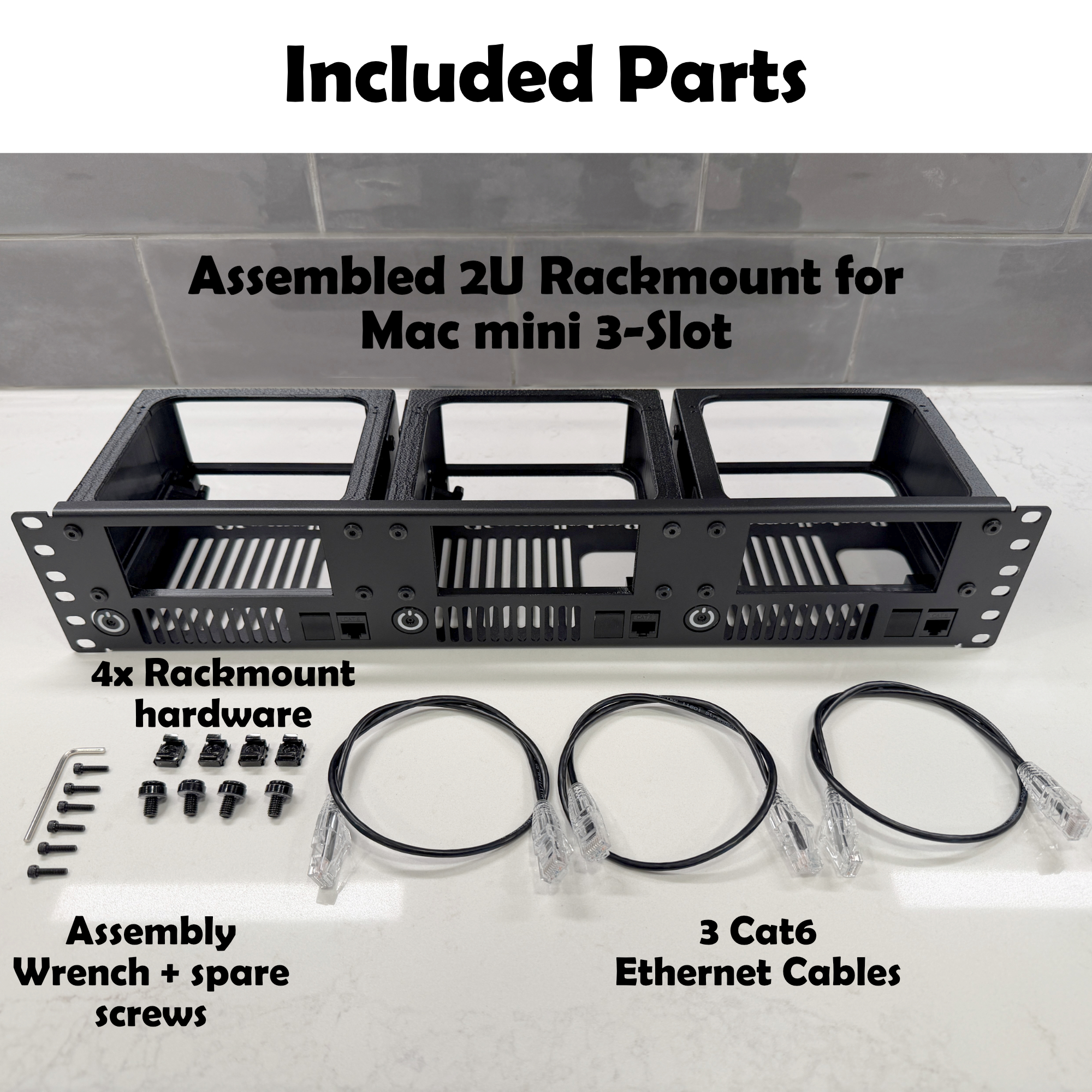 The unit comes with assembly and server racking hardware + 3 ethernet cords to plug the Mac Minis into the front facing keystones
